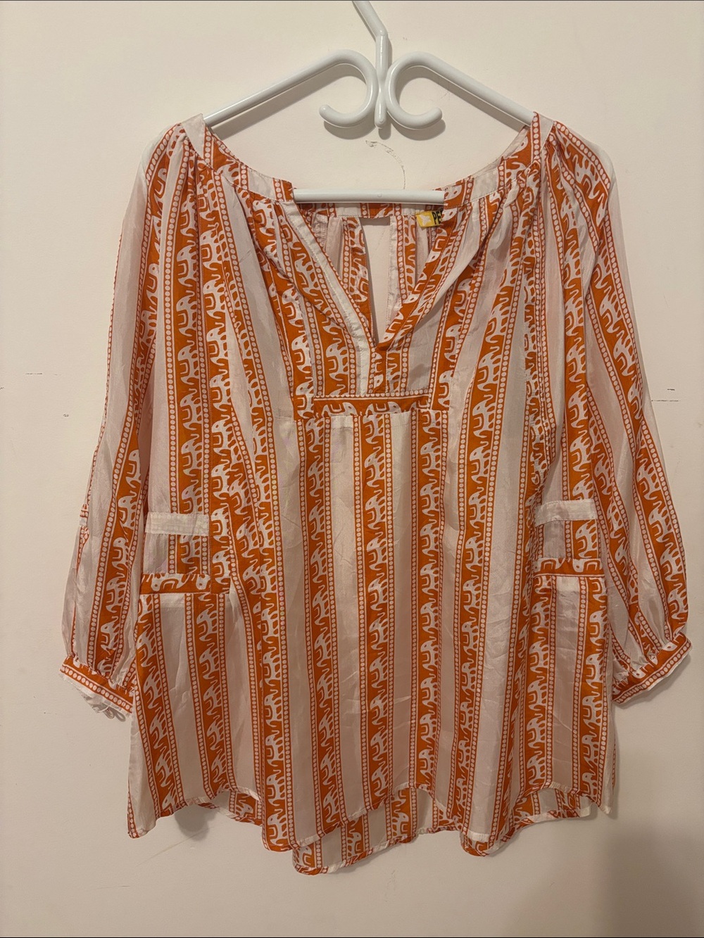Ecru & Orange Silk Elephant Stripe Women’s Peasant Blouse